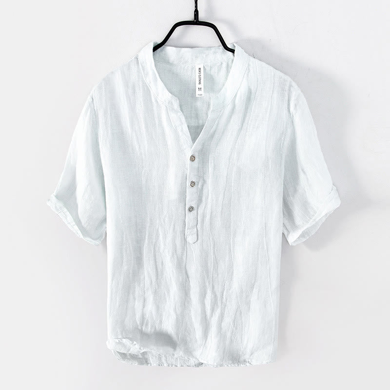 Solid Color Short Sleeve Half Button Shirt Cotton Linen Men Clothing