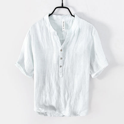 Solid Color Short Sleeve Half Button Shirt Cotton Linen Men Clothing