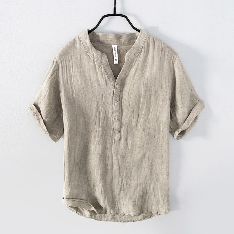 Solid Color Short Sleeve Half Button Shirt Cotton Linen Men Clothing