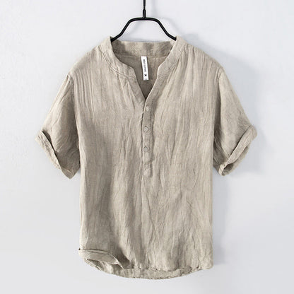 Solid Color Short Sleeve Half Button Shirt Cotton Linen Men Clothing