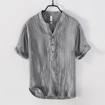 Solid Color Short Sleeve Half Button Shirt Cotton Linen Men Clothing