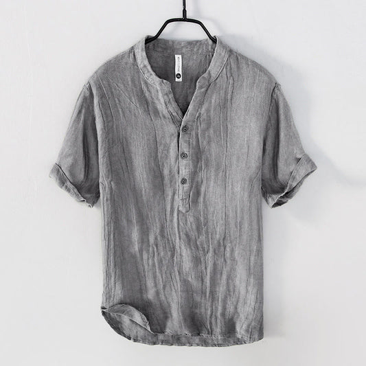 Solid Color Short Sleeve Half Button Shirt Cotton Linen Men Clothing