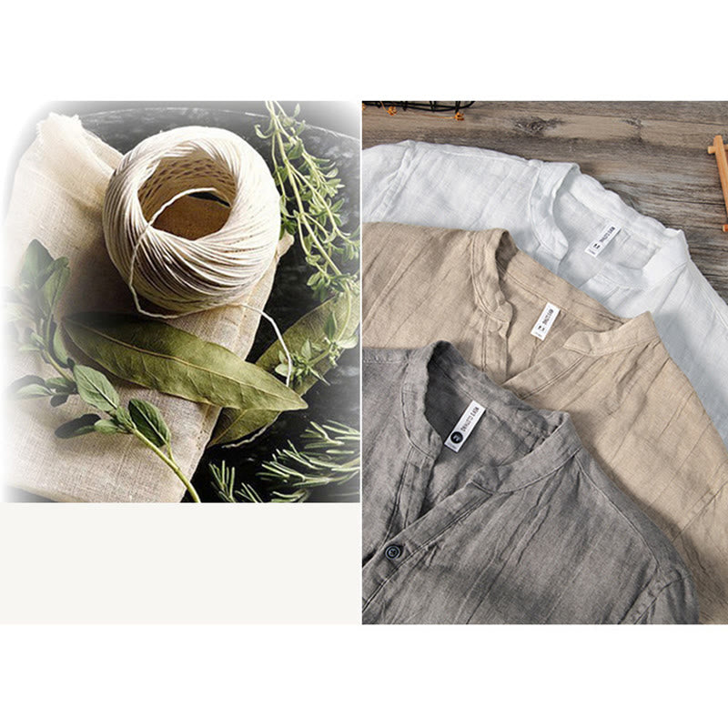 Solid Color Short Sleeve Half Button Shirt Cotton Linen Men Clothing