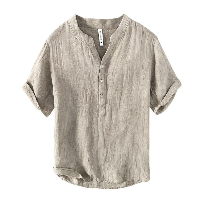 Solid Color Short Sleeve Half Button Shirt Cotton Linen Men Clothing