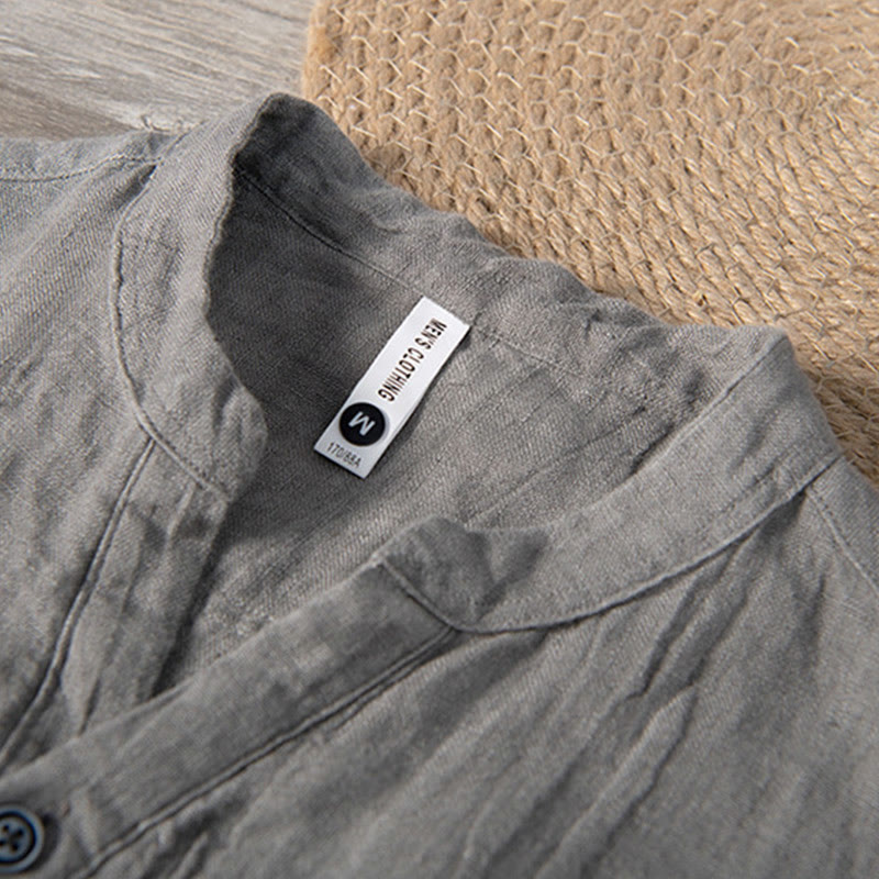 Solid Color Short Sleeve Half Button Shirt Cotton Linen Men Clothing