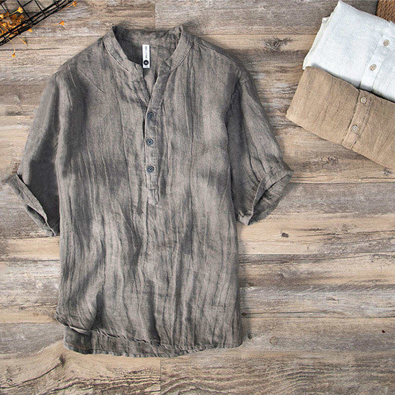 Solid Color Short Sleeve Half Button Shirt Cotton Linen Men Clothing