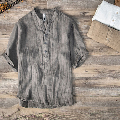 Solid Color Short Sleeve Half Button Shirt Cotton Linen Men Clothing