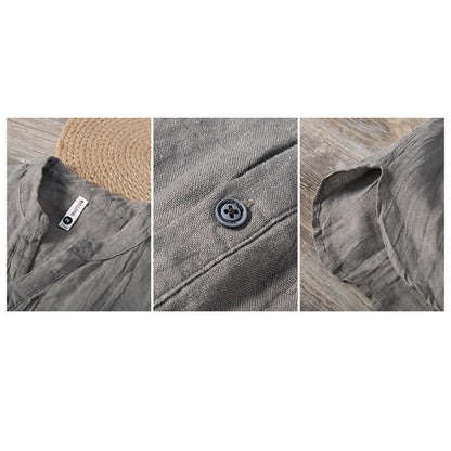 Solid Color Short Sleeve Half Button Shirt Cotton Linen Men Clothing