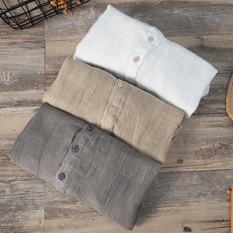 Solid Color Short Sleeve Half Button Shirt Cotton Linen Men Clothing