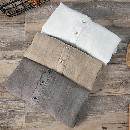 Solid Color Short Sleeve Half Button Shirt Cotton Linen Men Clothing