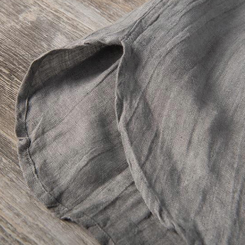 Solid Color Short Sleeve Half Button Shirt Cotton Linen Men Clothing