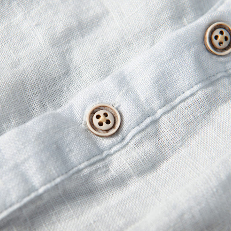 Solid Color Short Sleeve Half Button Shirt Cotton Linen Men Clothing