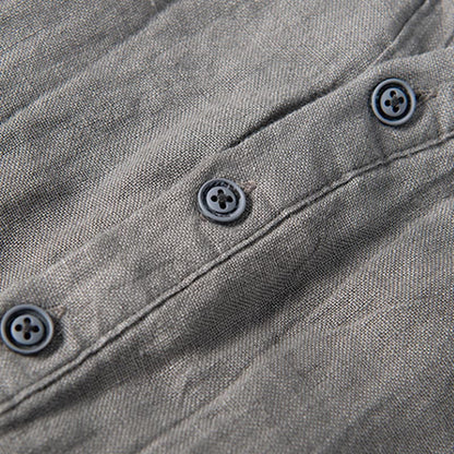 Solid Color Short Sleeve Half Button Shirt Cotton Linen Men Clothing