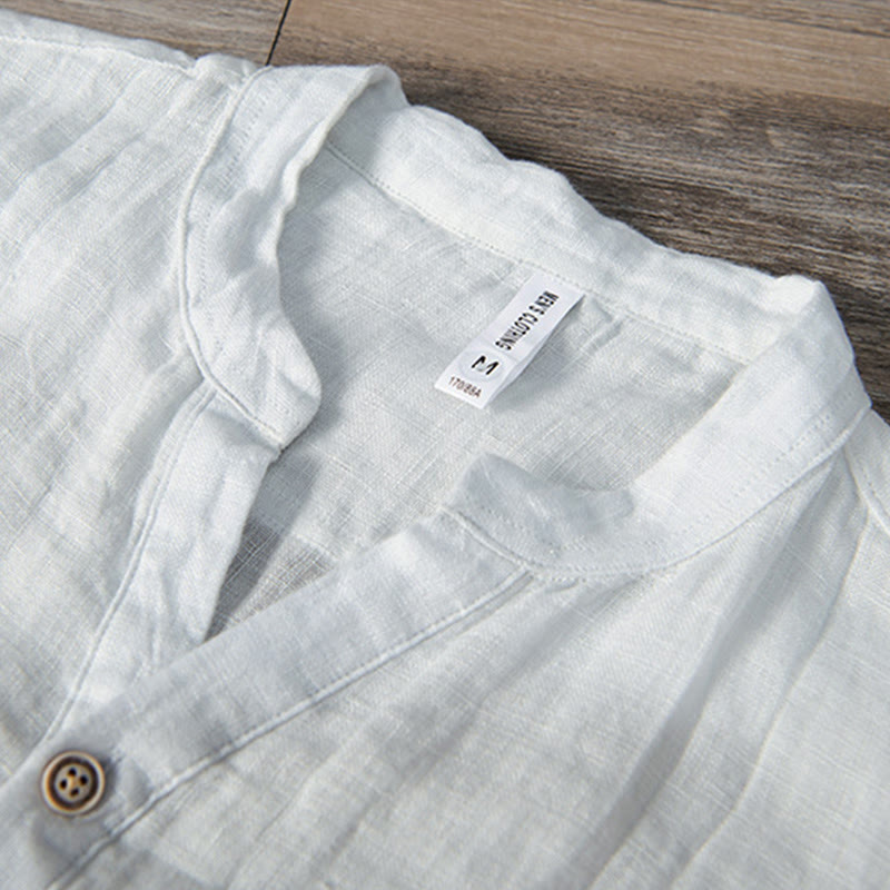 Solid Color Short Sleeve Half Button Shirt Cotton Linen Men Clothing