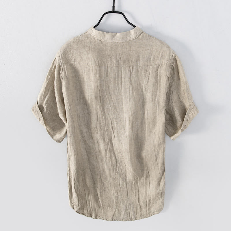 Solid Color Short Sleeve Half Button Shirt Cotton Linen Men Clothing