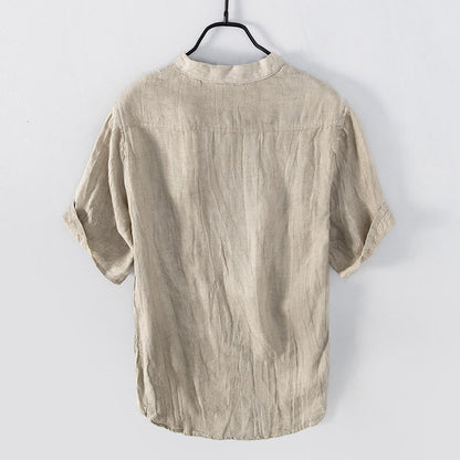 Solid Color Short Sleeve Half Button Shirt Cotton Linen Men Clothing