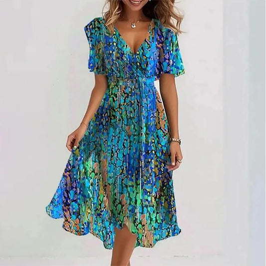 Groovy Short Sleeve Green Midi Dress