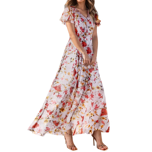 Romantic Floral Print Short Sleeve Maxi Dress