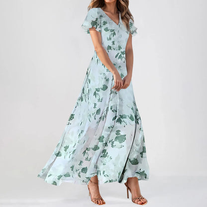Romantic Floral Print Short Sleeve Maxi Dress