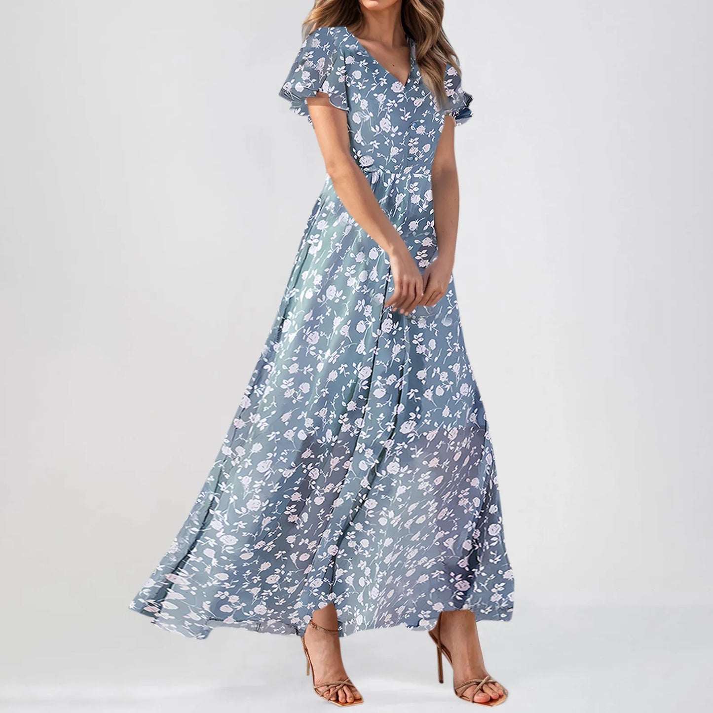 Romantic Floral Print Short Sleeve Maxi Dress