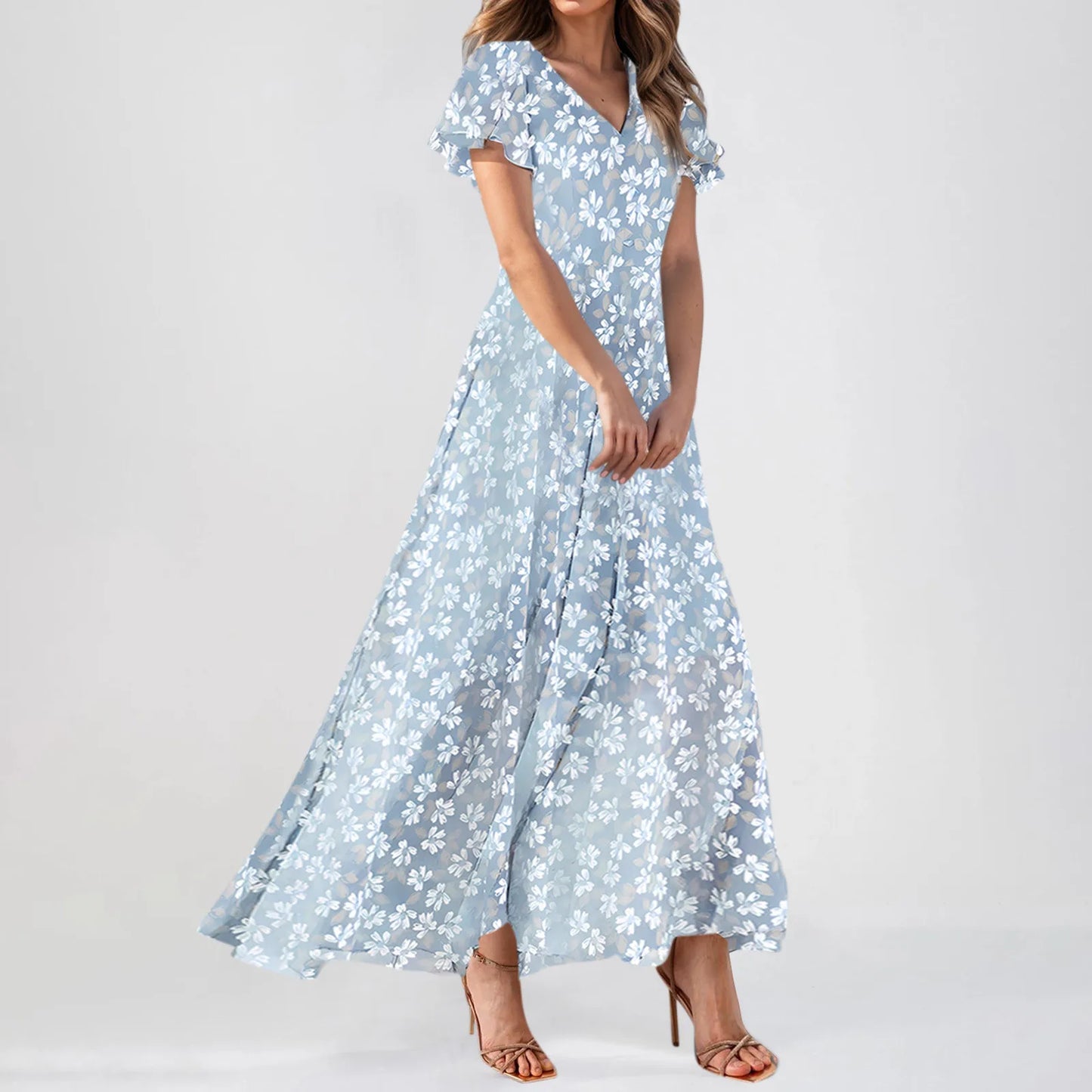 Romantic Floral Print Short Sleeve Maxi Dress