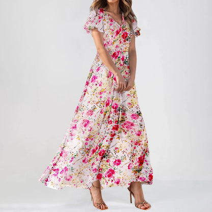 Romantic Floral Print Short Sleeve Maxi Dress