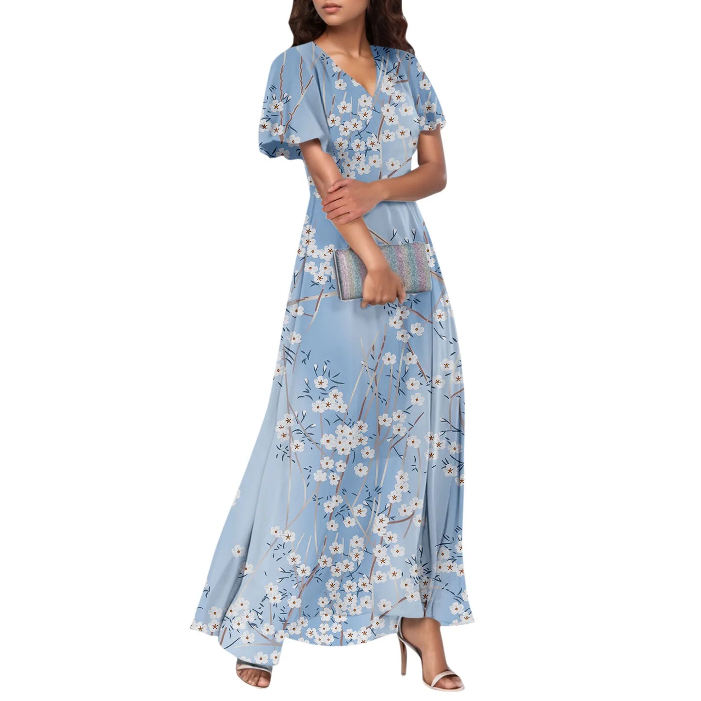 Romantic Floral Print Short Sleeve Maxi Dress