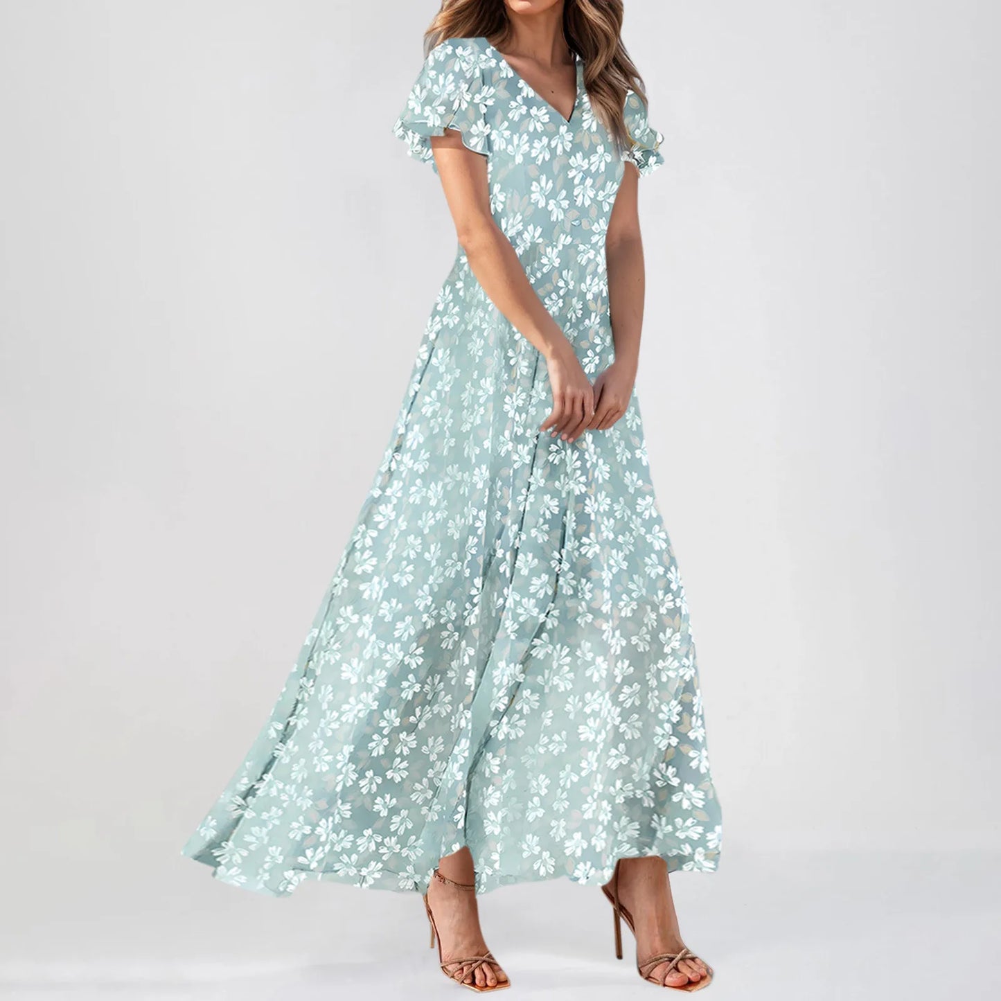 Romantic Floral Print Short Sleeve Maxi Dress